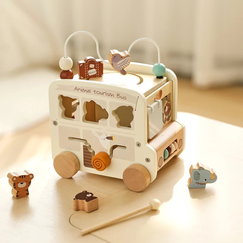 Montessori Wooden Children Toys Busy Toys Educational Games Bus 5 in 1 Busy Box Toys Montessori Baby Toys 0 12 months Gifts Kids
