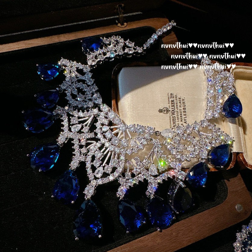 Noble Temperament Water Drop Royal Blue Earring Necklace 14K White Gold Plated Exaggerated Elegant Engagement Wedding Bridal Set