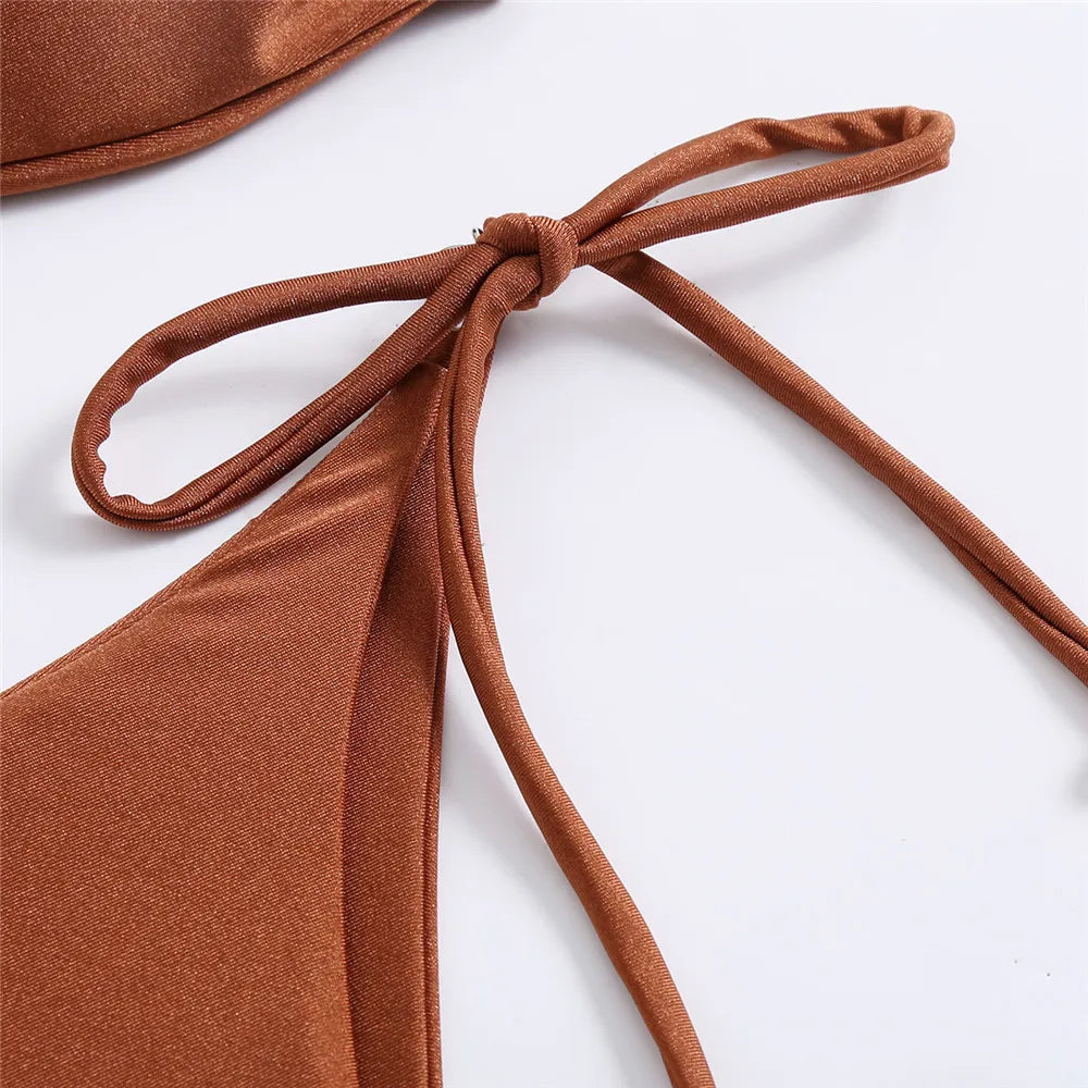 Sexy Diamond Ring Brown Ruched Swimwear Bandeau Bikinis Sets 2026 Mujer Micro Thong Swimsuit Lace-up Bathing Suit Bikini Bather