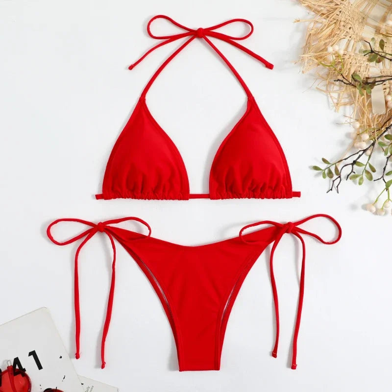 Sexy Women Thong Solid Color Bikini Set Women Side Halter Tie Swimsuit Split Strap Adjustable Brazilian Swimwear Beachwear
