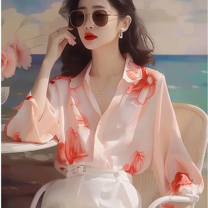 Woman Top Summer Chiffon Full Long Sleeve Shirts & Blouses for Women Aesthetic Clothing Trend 2025 M Modern Tall Fashion Xl Y2k