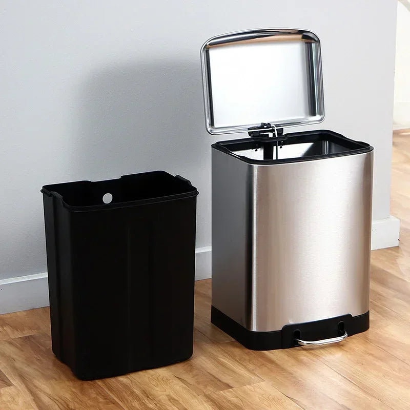 Kitchen Waste Bin 9L, Square Pedal Trash Can with Cover, Stainless Steel Double Bucket Design for Efficient Waste Disposal