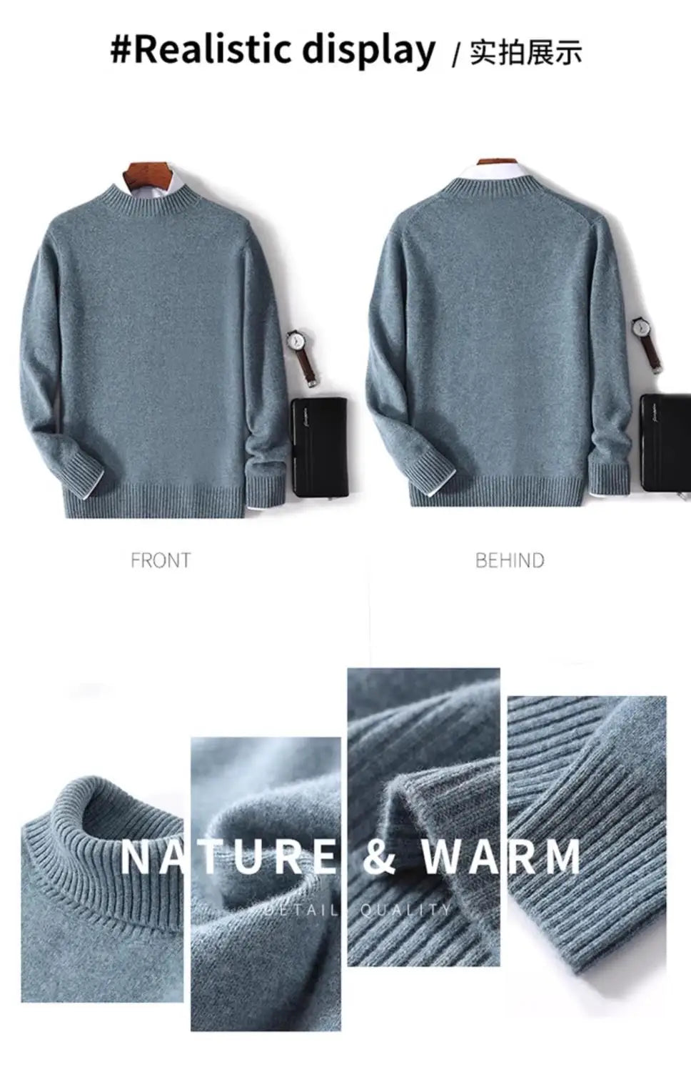 High-neck Men's 100% Pure Cashmere Sweater Autumn Winter Thick and Loose Knitted High-end Base Layer Men's All-cashmere Sweater