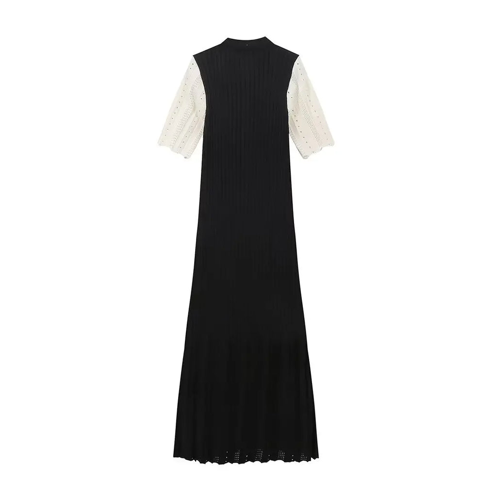 Elegant Pleated Hem Street Fashion O Neck Bell Sleeve Slim Knit Midi Dress 2026 Women Summer Beach Swimsuit Cover Up Tunic A3055
