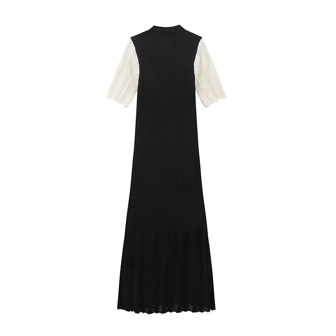 Elegant Pleated Hem Street Fashion O Neck Bell Sleeve Slim Knit Midi Dress 2026 Women Summer Beach Swimsuit Cover Up Tunic A3055