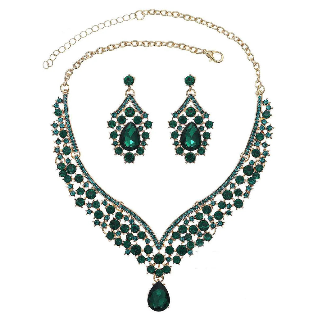 Royal Blue Crystal Wedding Jewelry Sets for Brides Luxurious V-Shape Water Drop Necklace Earrings Set Fashion Trendy Jewelry Ac