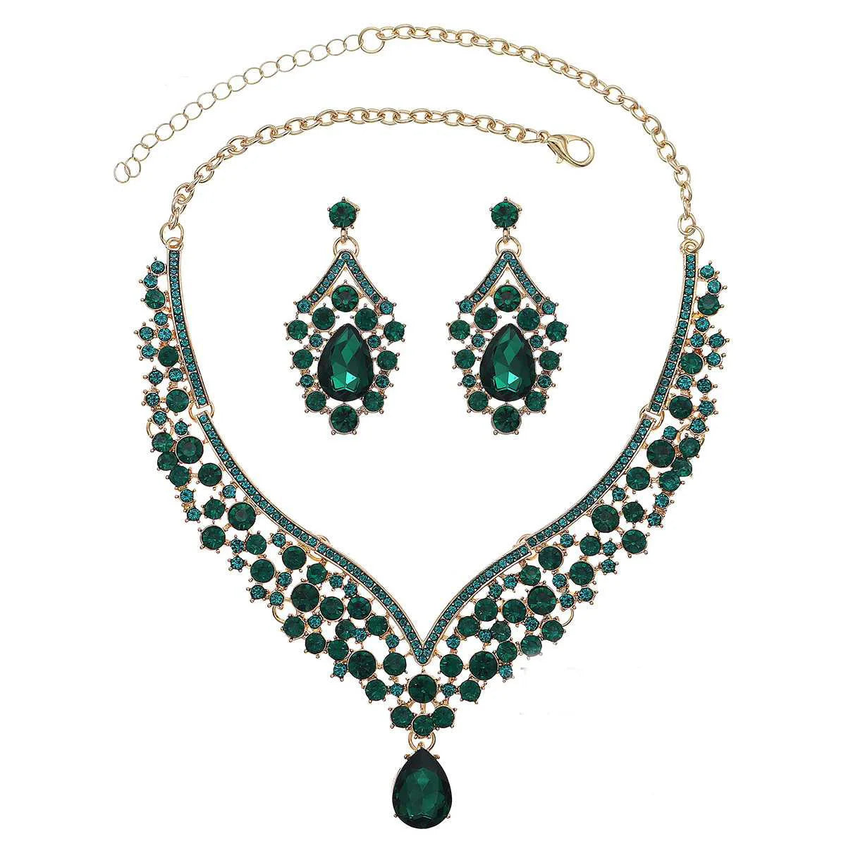 Royal Blue Crystal Wedding Jewelry Sets for Brides Luxurious V-Shape Water Drop Necklace Earrings Set Fashion Trendy Jewelry Ac