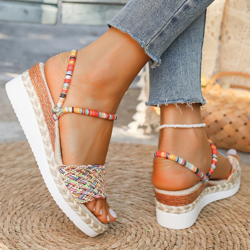 Summer Beach Vocation Bohemian Sandals Woman Wedge Heels Colorful Woven Platform Slippers Women Plus Size 43 Sandalias De Mujer
