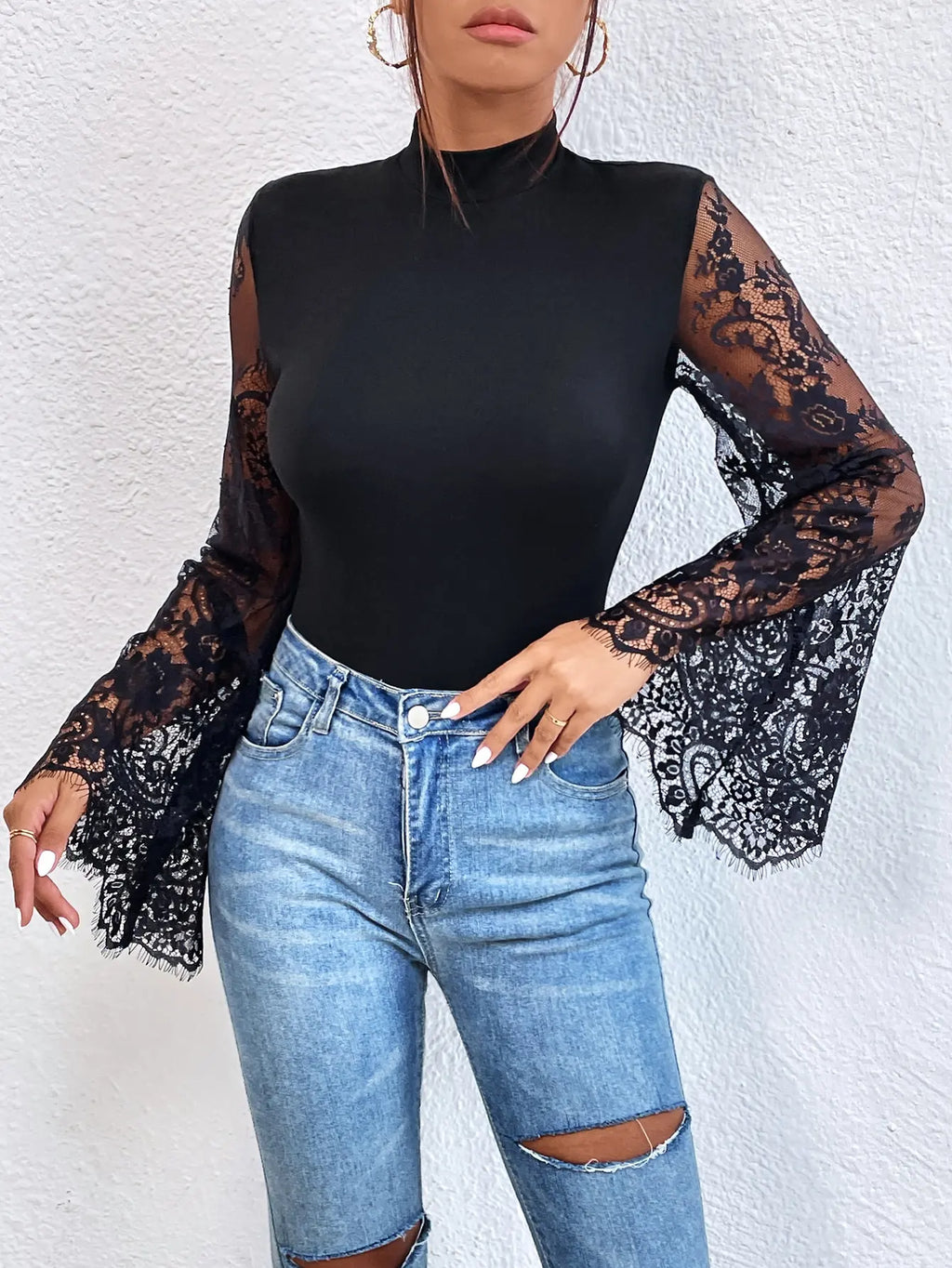 New Summer Cloths Women's Black Lace Patchwork Long Sleeved Flared Sleeve Round Neck Tight Sexy Jumpsuit Rompers