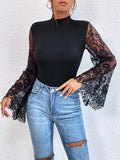 New Summer Cloths Women's Black Lace Patchwork Long Sleeved Flared Sleeve Round Neck Tight Sexy Jumpsuit Rompers