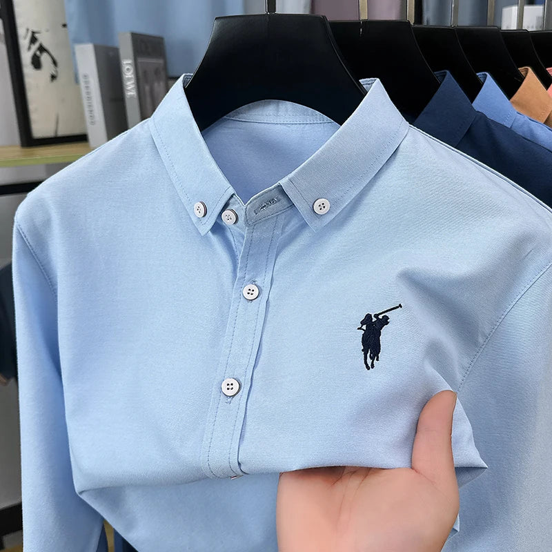 Luxury Goods High-end Embroidery 100% Pure Cotton Long Sleeved Shirt Men's New Shirt Men's Casual Loose Top Business Men