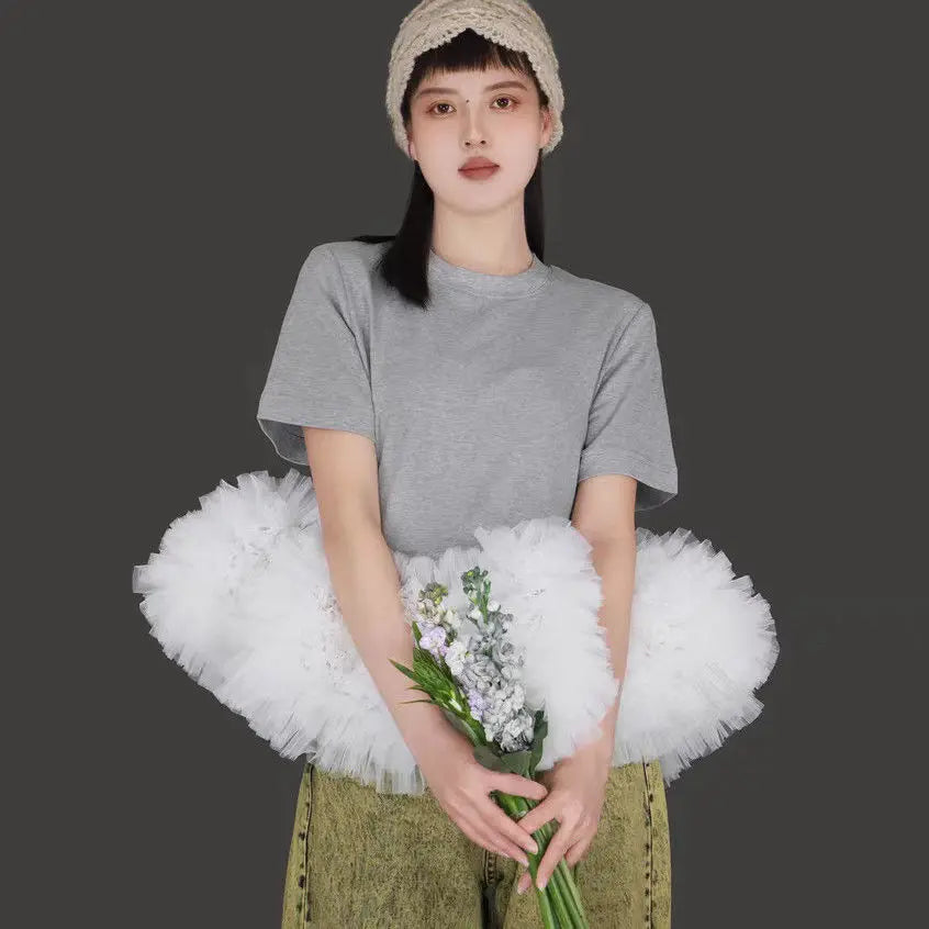 Summer Woman Fairy Mesh Spliced Ruched T-shirt Multi-Layers Gauze Ruffles Patchwork Tees Net Yarn Pleated Jumpers Crop Tops 2025