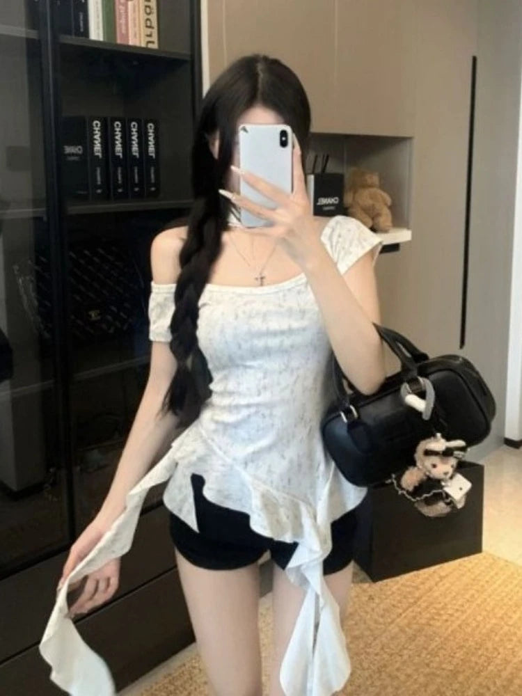 Summer Woman Tshirts Sweet Crop Tops 2025 Ropa Mujer Koream Camisetas Tunic Sexy Tees Chic Tie-dye Ruffles Irregular Y2k T-shirt