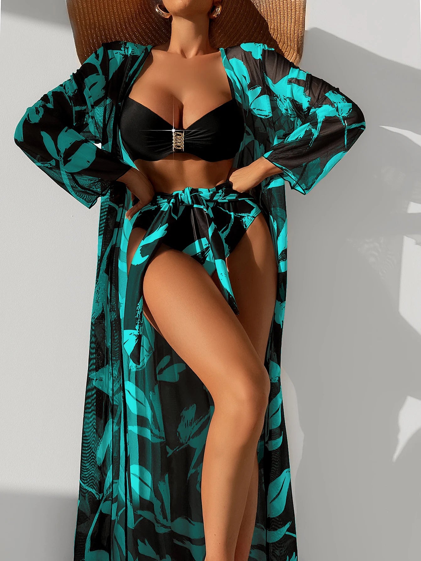 2023 Three Pieces Bikini Set Cover Up Swimwear Women Swimsuit Print Long Sleeve Push Up Bathing Suit Beachwear Swimming Biquini
