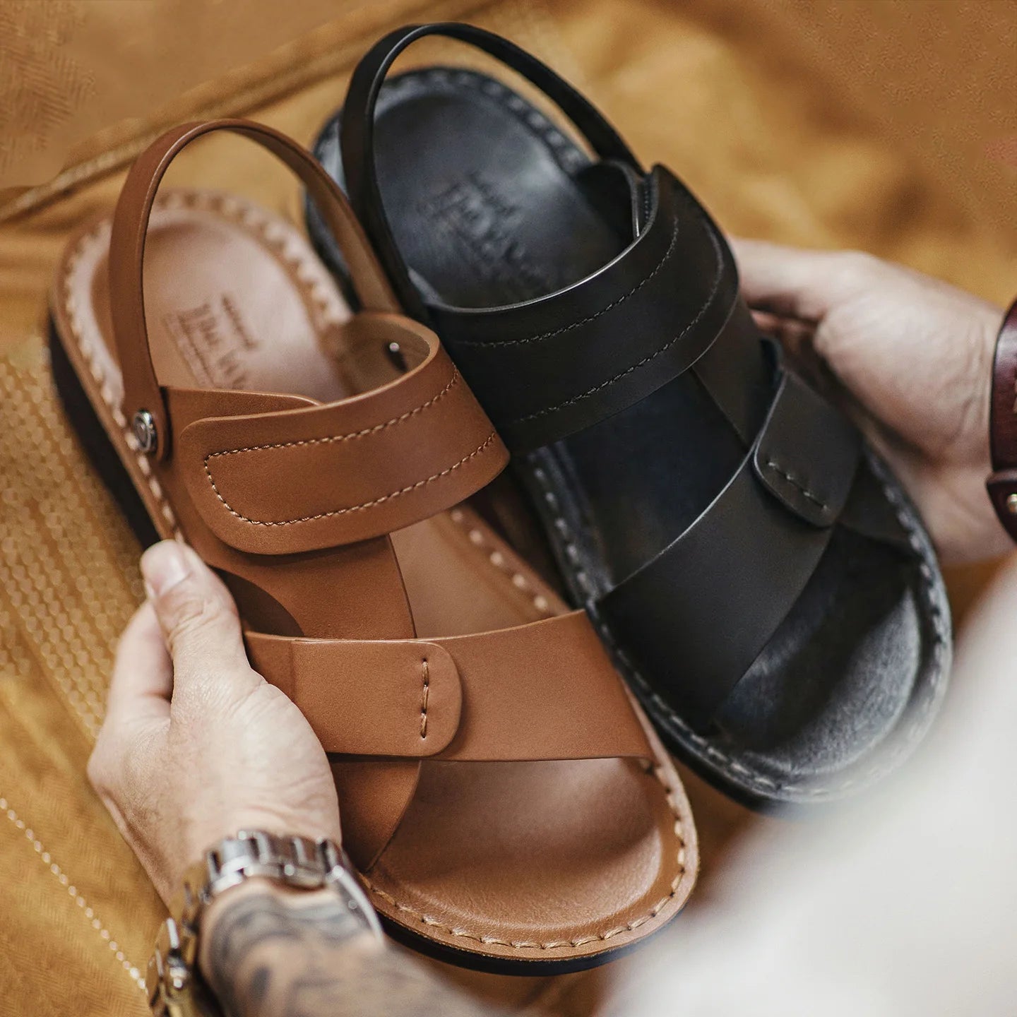 Maden Men's Summer Outdoor Sandals 2-in-1 Beach Slides Synthetic Leather Business Casual Driving Shoes Brown Adjustable Sandals