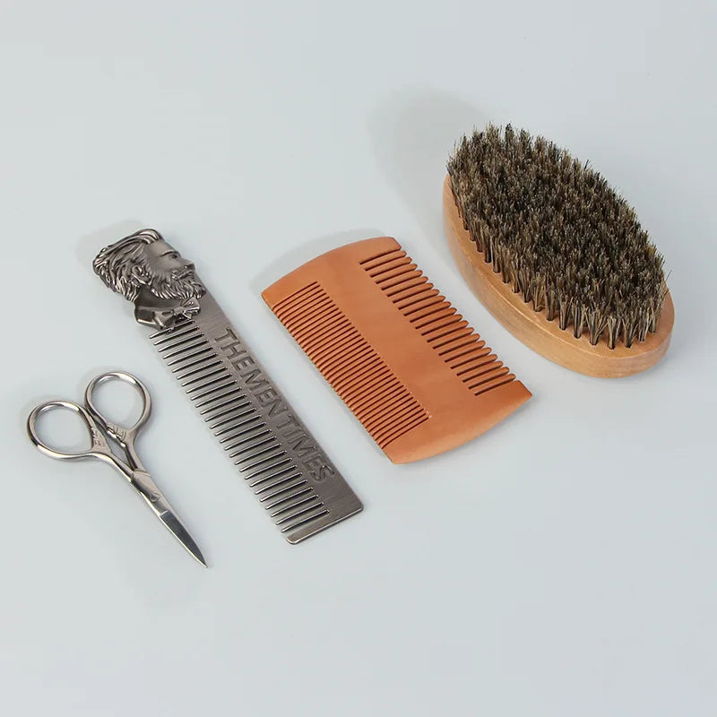 5pcs Beard Brush & Styling Kit - Boar Bristle Brush, Double-Sided Wooden Comb, Scissors, Hair Comb, Professional Grooming Tools