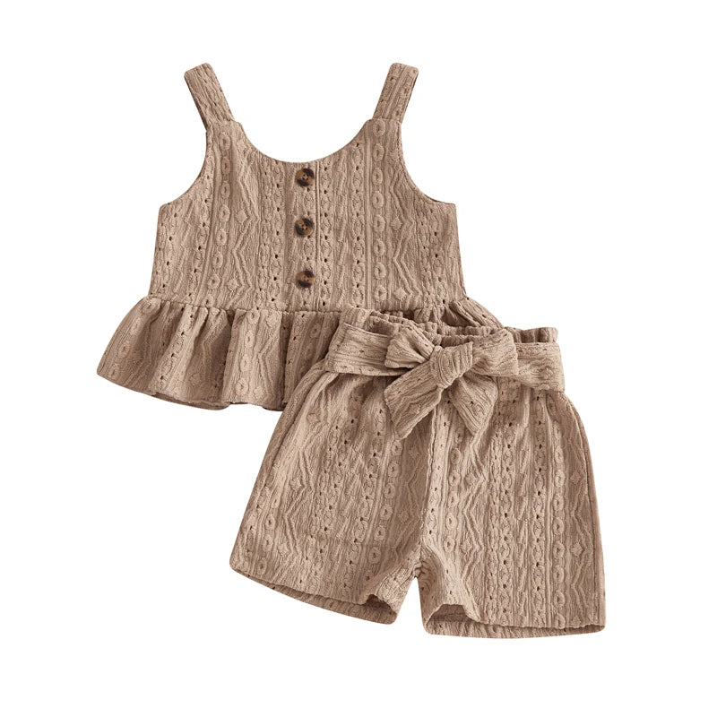 Toddler Kids Girls Clothes Set Fashion Toddler Girls Hollowed Camisole with Tie-up Shorts Solid Summer 2-piece Outfit