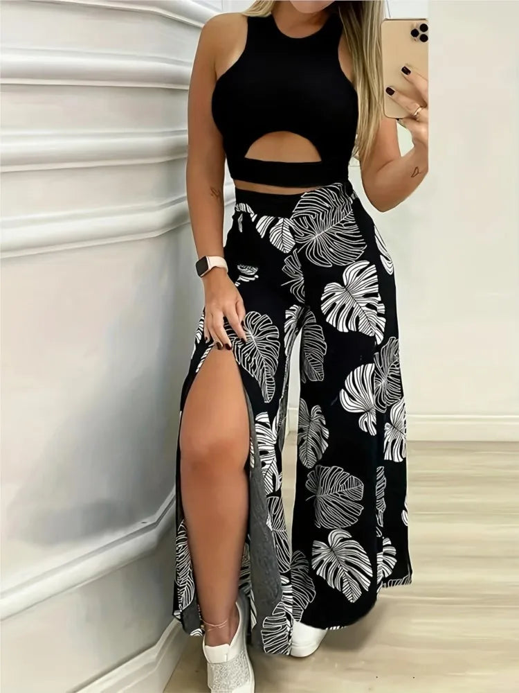 Summe Two Piece Outfits Woman New Women's Elegant Casual Hollow O Neck Short Vest Printed Trousers Set Women Clothes