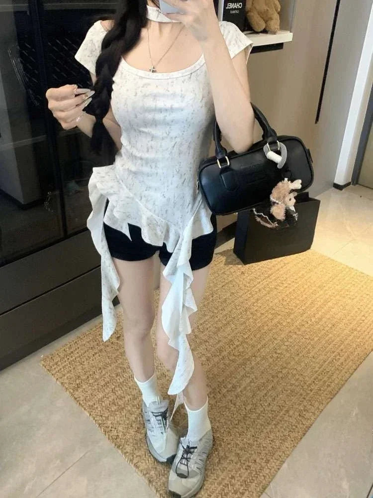 Summer Woman Tshirts Sweet Crop Tops 2025 Ropa Mujer Koream Camisetas Tunic Sexy Tees Chic Tie-dye Ruffles Irregular Y2k T-shirt
