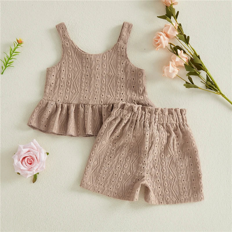 Toddler Kids Girls Clothes Set Fashion Toddler Girls Hollowed Camisole with Tie-up Shorts Solid Summer 2-piece Outfit