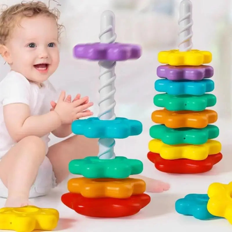 Montessori Baby Tower Game; Spinning and Stacking Rainbow Puzzle; Motor Skill Development; Kids Gift