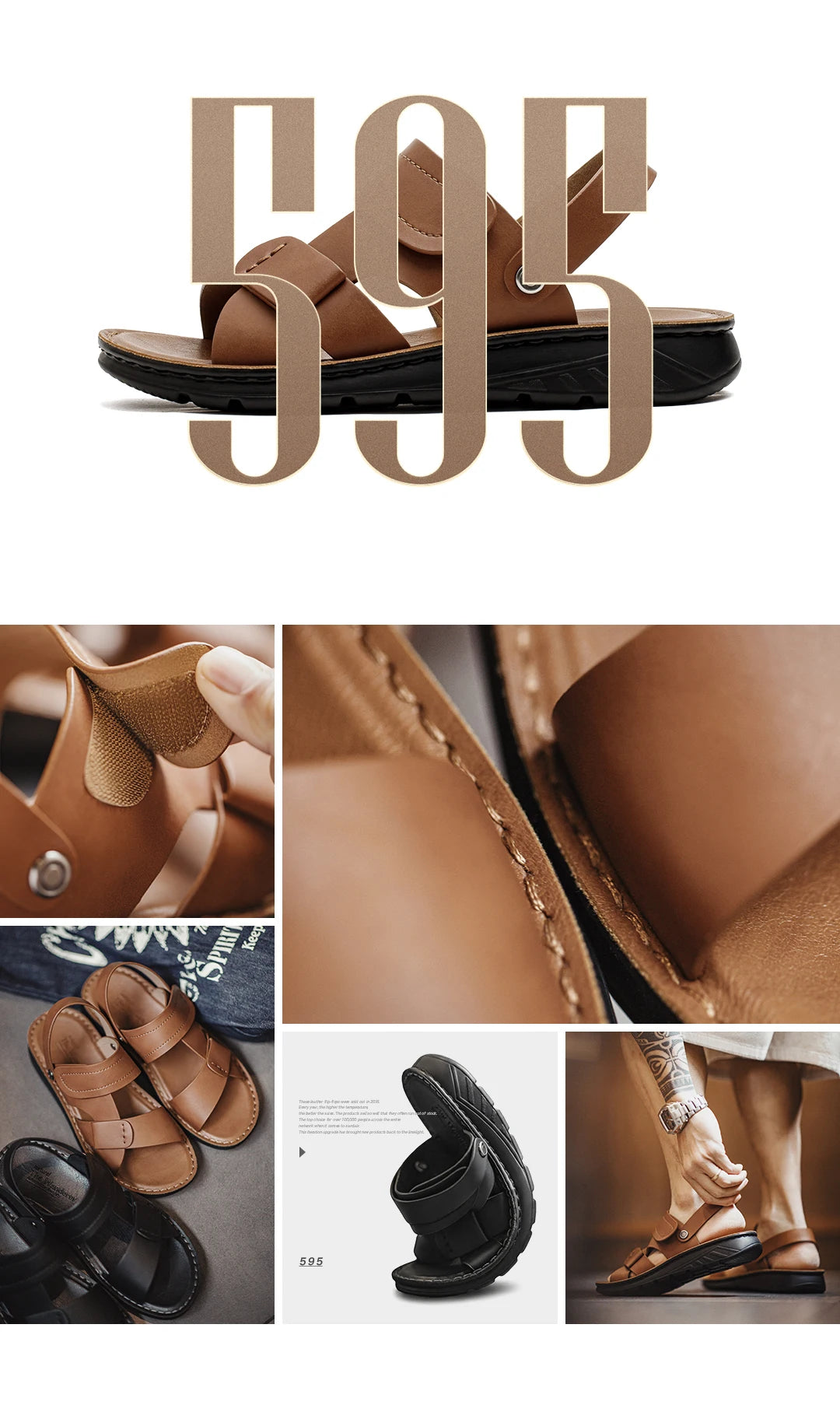 Maden Men's Summer Outdoor Sandals 2-in-1 Beach Slides Synthetic Leather Business Casual Driving Shoes Brown Adjustable Sandals