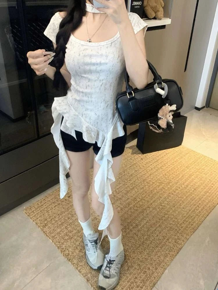 Summer Woman Tshirts Sweet Crop Tops 2025 Ropa Mujer Koream Camisetas Tunic Sexy Tees Chic Tie-dye Ruffles Irregular Y2k T-shirt