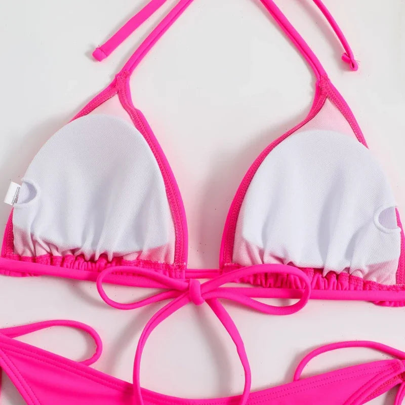 Sexy Women Thong Solid Color Bikini Set Women Side Halter Tie Swimsuit Split Strap Adjustable Brazilian Swimwear Beachwear
