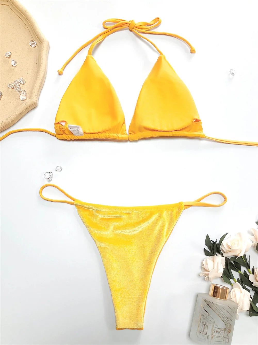 Velvet Bikini Thong Halter Strappy Swimsuit Classic Swimwear Two Piece Women 2026 Beach Outfit Triangle Bikinis Set Bathing Suit