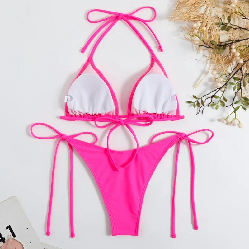 Sexy Women Thong Solid Color Bikini Set Women Side Halter Tie Swimsuit Split Strap Adjustable Brazilian Swimwear Beachwear