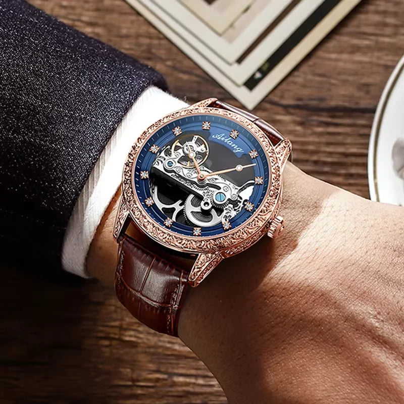 High-End Waterproof Automatic Mechanical Watch with Genuine Leather Strap And Stainless Steel Transparent Back Cover