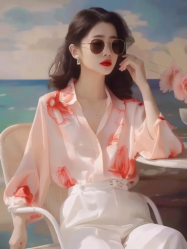 Woman Top Summer Chiffon Full Long Sleeve Shirts & Blouses for Women Aesthetic Clothing Trend 2025 M Modern Tall Fashion Xl Y2k