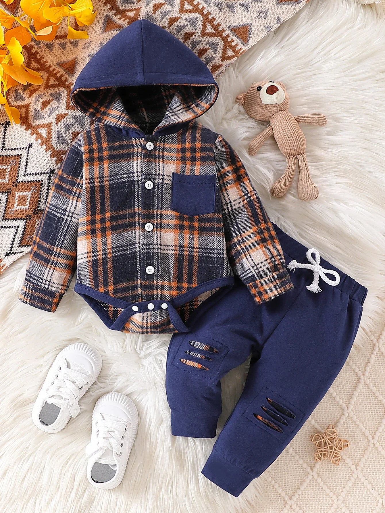 Baby Toddler Plaid Hooded Two-Piece Set Vintage Cute Style with Matching Color Pocket Design on Top And Plaid Print Overall