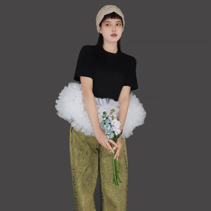 Summer Woman Fairy Mesh Spliced Ruched T-shirt Multi-Layers Gauze Ruffles Patchwork Tees Net Yarn Pleated Jumpers Crop Tops 2025