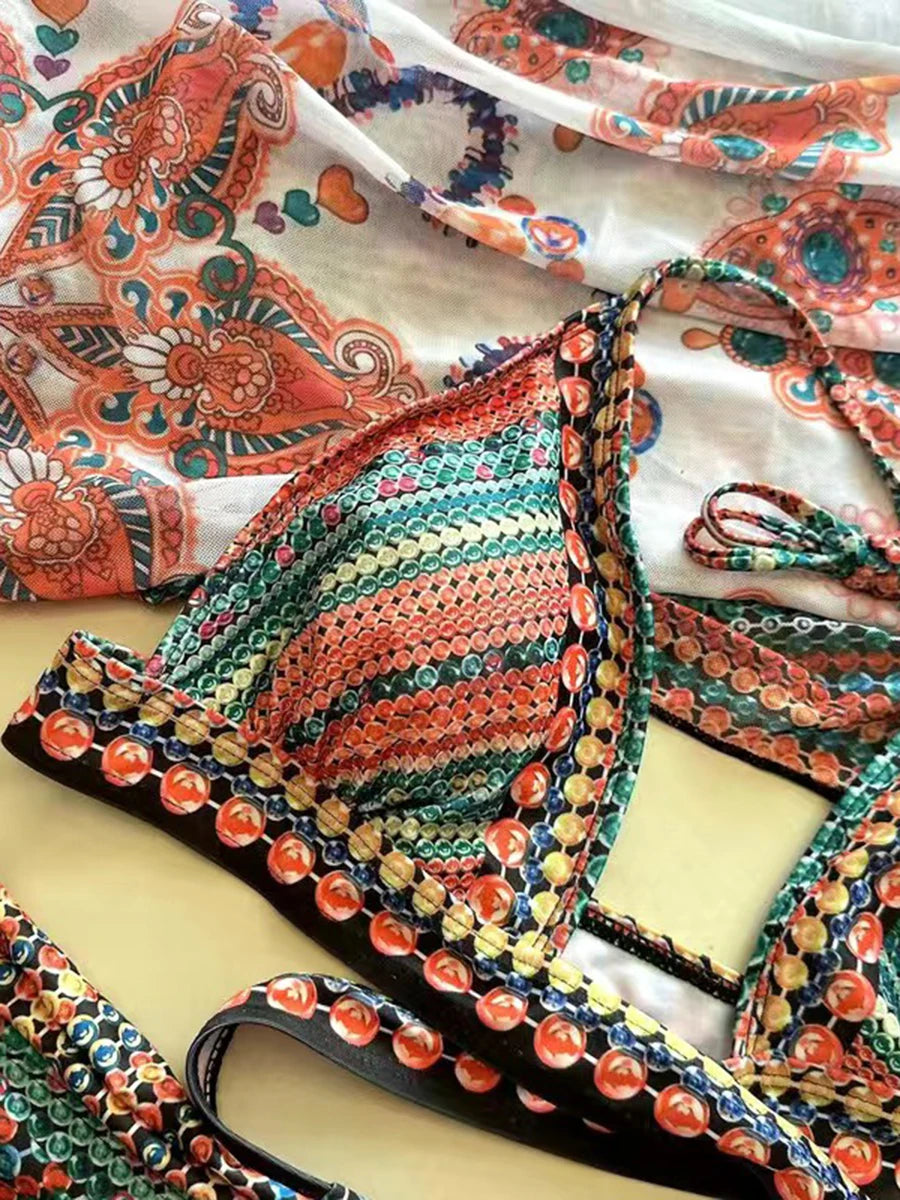 3 Pieces Printed Cross Bikinis 2026 Women Padded Swimwear With Outer Drape Swimsuit Female Bathers Bathing Swimming Suit