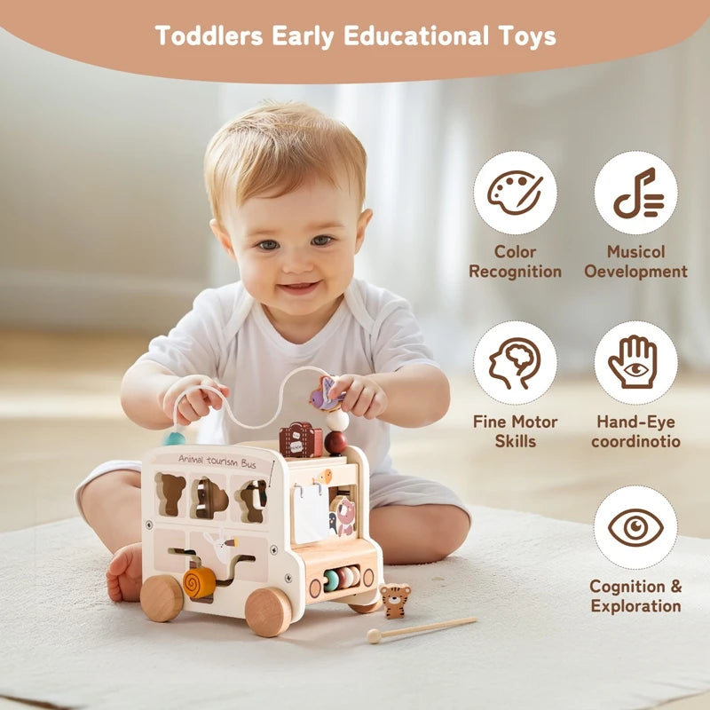 Montessori Wooden Children Toys Busy Toys Educational Games Bus 5 in 1 Busy Box Toys Montessori Baby Toys 0 12 months Gifts Kids