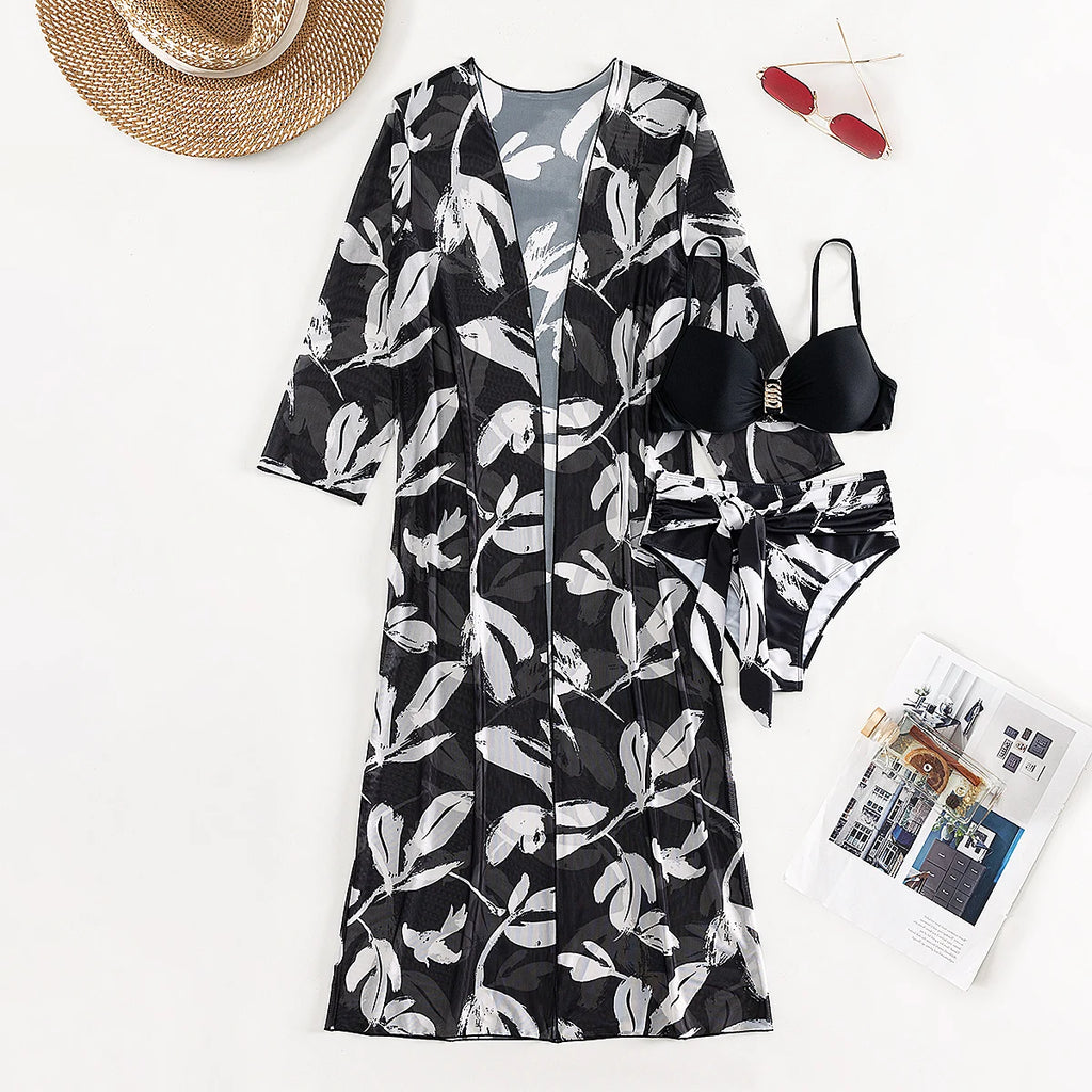 2023 Three Pieces Bikini Set Cover Up Swimwear Women Swimsuit Print Long Sleeve Push Up Bathing Suit Beachwear Swimming Biquini