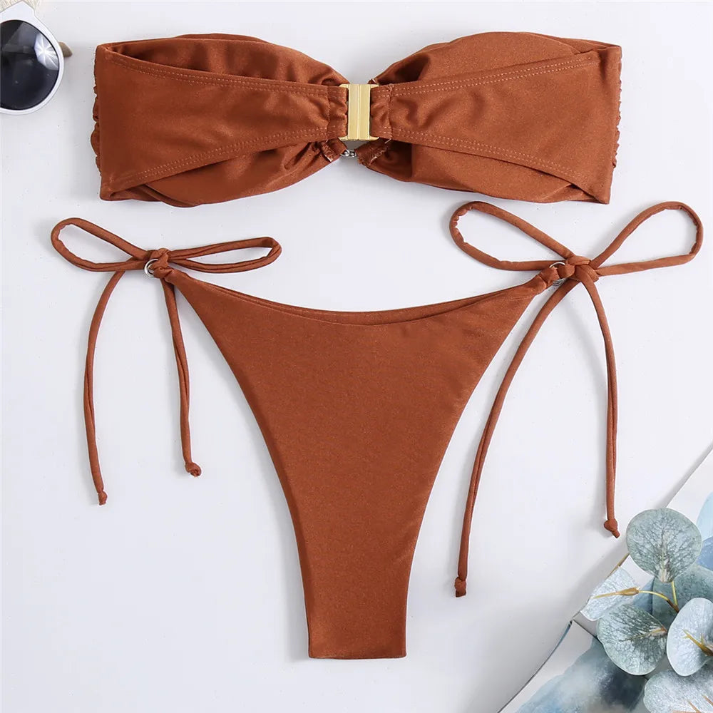 Sexy Diamond Ring Brown Ruched Swimwear Bandeau Bikinis Sets 2026 Mujer Micro Thong Swimsuit Lace-up Bathing Suit Bikini Bather