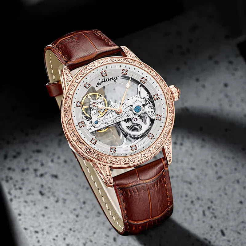 High-End Waterproof Automatic Mechanical Watch with Genuine Leather Strap And Stainless Steel Transparent Back Cover