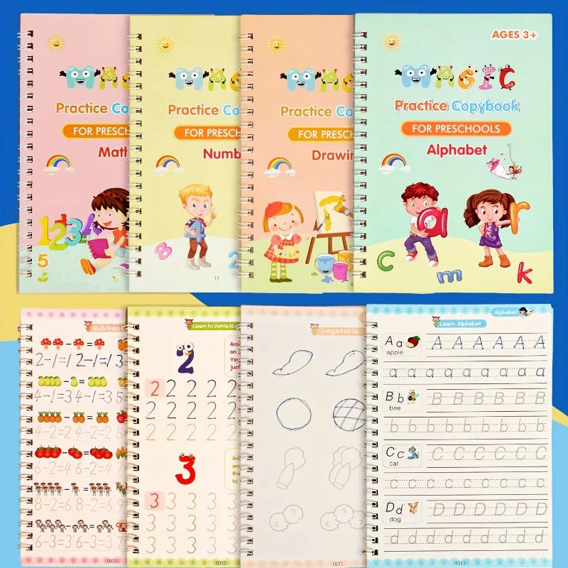 3D Groove Writing Pad Children's Magic Practice Copybooks Set with Pen Reusable Kids Workbooks for Handwriting  4-Pack