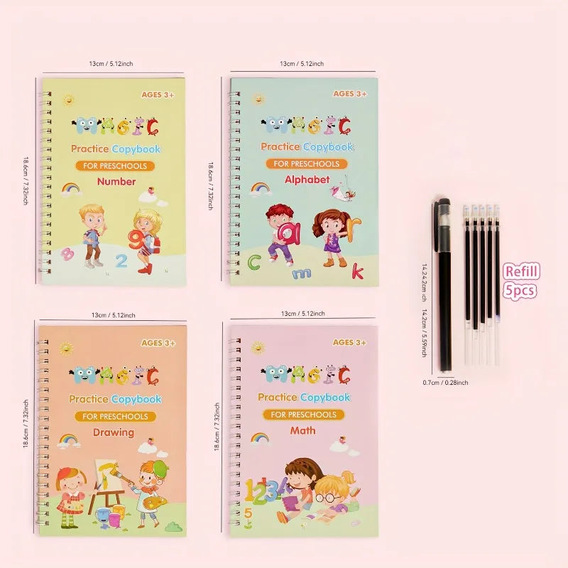 3D Groove Writing Pad Children's Magic Practice Copybooks Set with Pen Reusable Kids Workbooks for Handwriting  4-Pack