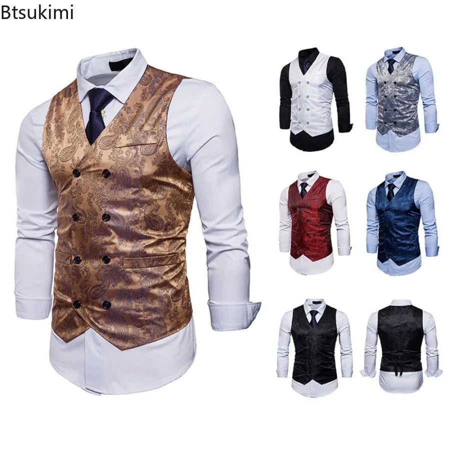 New Men's High-end Jacquard Suit Vest Fashion Double Breasted Slim Vintage Print Formal Waistcoats Men Party Wedding Vest Jacket