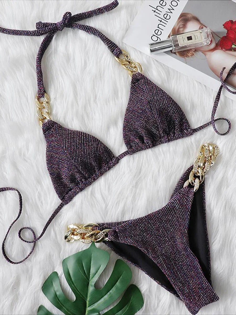 Halter Chains Rhinestone Diamond Bikini Women Swimsuit Female Ribbed Swimwear Two Pieces Bikini set Brazilian Bathing Suit Swim