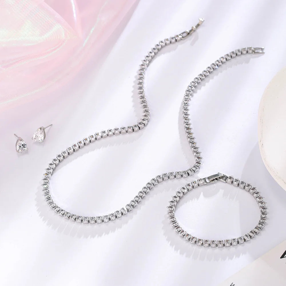 Uilz Gorgeous Water Drop Shape White Zirconia Jewerly Set for Women Round Wedding Bridal Necklace Earrings for  Brides