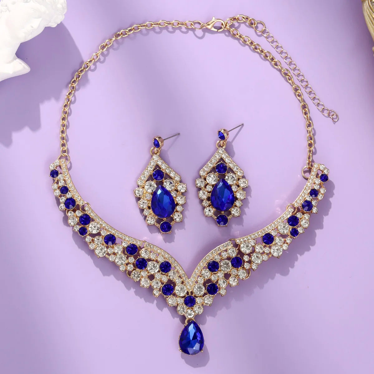 Royal Blue Crystal Wedding Jewelry Sets for Brides Luxurious V-Shape Water Drop Necklace Earrings Set Fashion Trendy Jewelry Ac