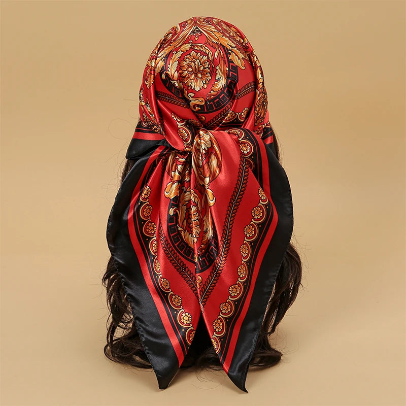 Handkerchiefs Hair Silk Scarf 90*90cm Print Satin Big Square Silk Scarves Shawls for Women Luxury Brand Designer Hijab Headband