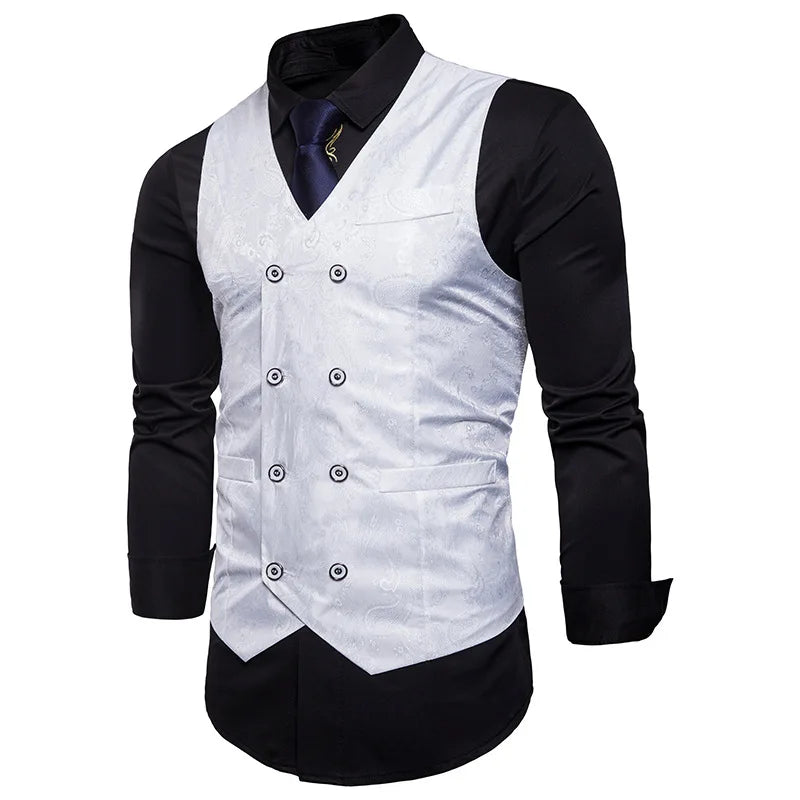New Men's High-end Jacquard Suit Vest Fashion Double Breasted Slim Vintage Print Formal Waistcoats Men Party Wedding Vest Jacket