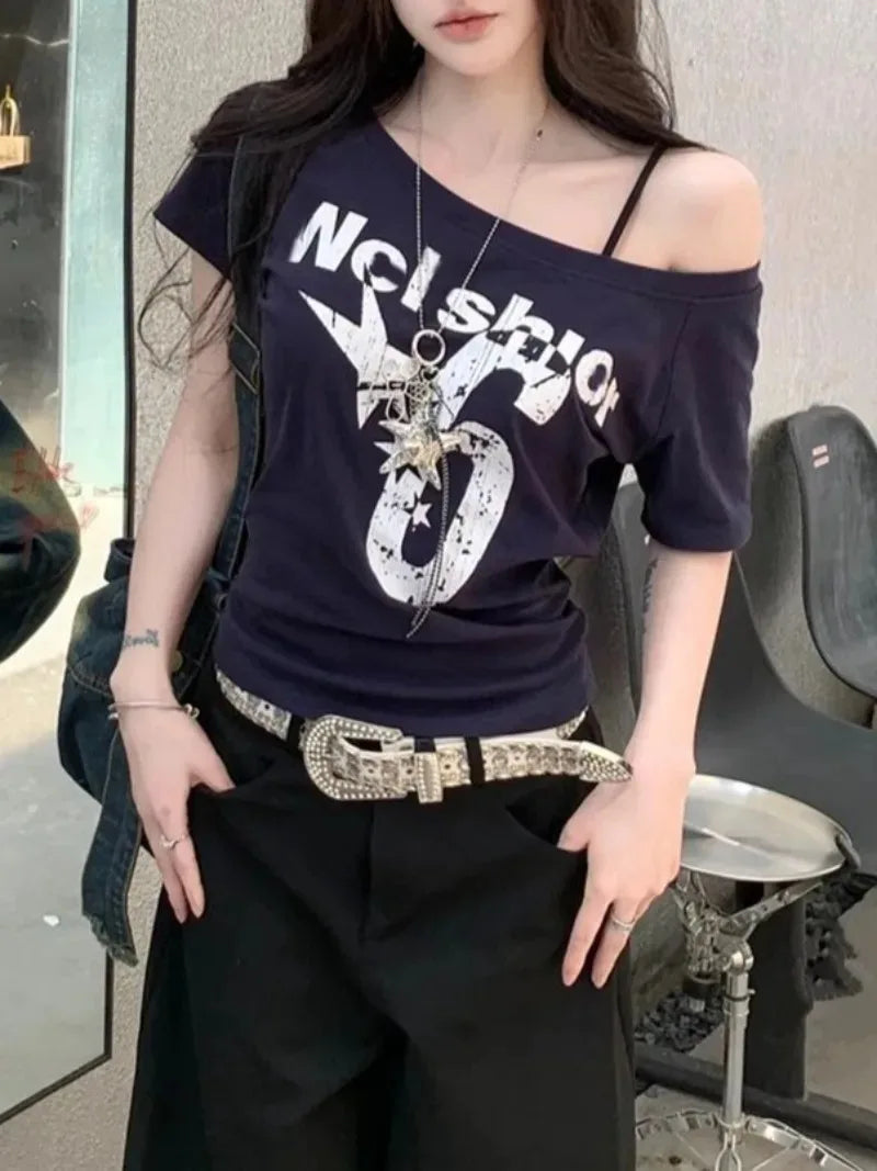 Summer Woman Cotton Outfit One Shoulder T-shirt Cuteore Streetwear Clothing Graphic T Shirts Y2k Ladies Korean Tops Kpop Tshirt