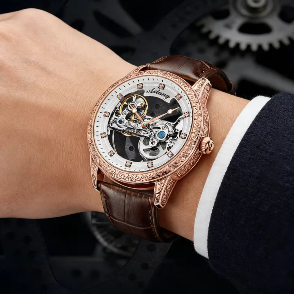 High-End Waterproof Automatic Mechanical Watch with Genuine Leather Strap And Stainless Steel Transparent Back Cover