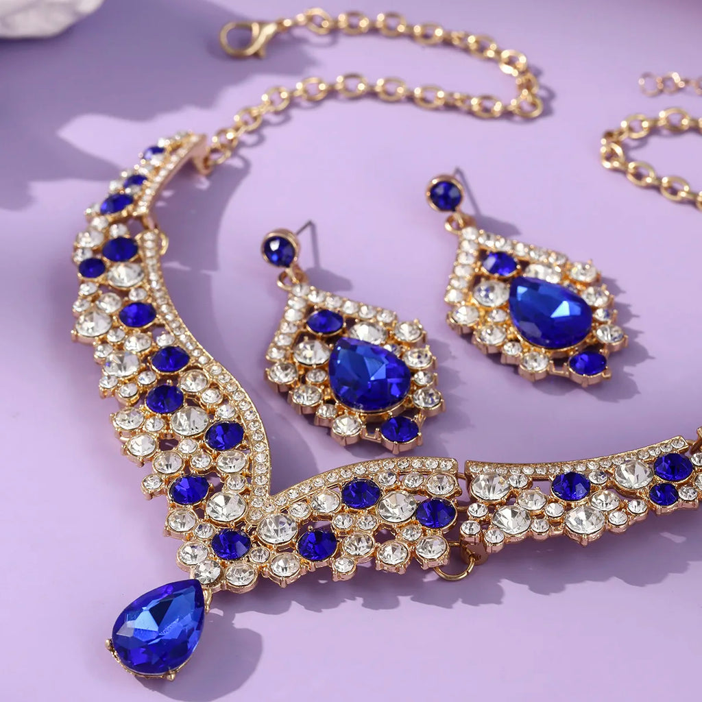 Royal Blue Crystal Wedding Jewelry Sets for Brides Luxurious V-Shape Water Drop Necklace Earrings Set Fashion Trendy Jewelry Ac